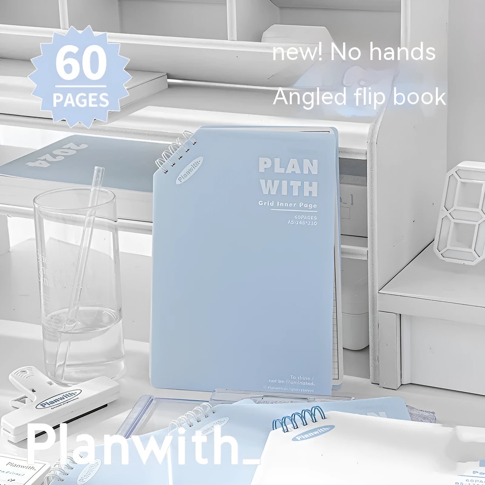 Oblique angle artsy Ins Style Salt student draft notebook showing cover options in white and plaid blue