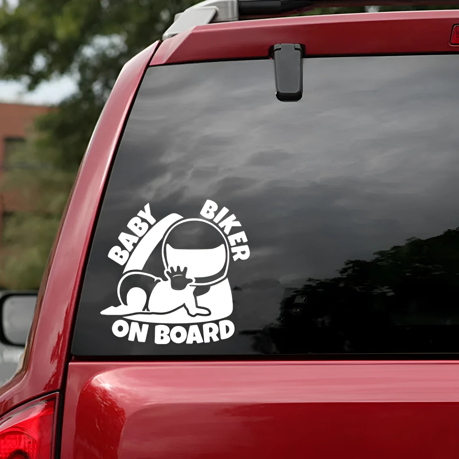 Reflective Baby On Board warning car sticker in black or white, measuring 14.5 by 15 centimetres.