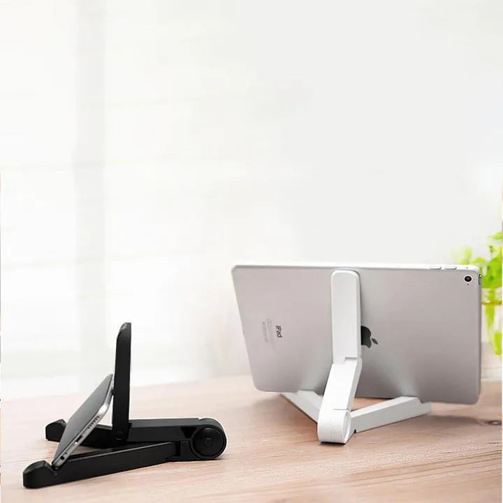 Black foldable tablet holder showing adjustable angle stand with phone positioned in landscape orientation