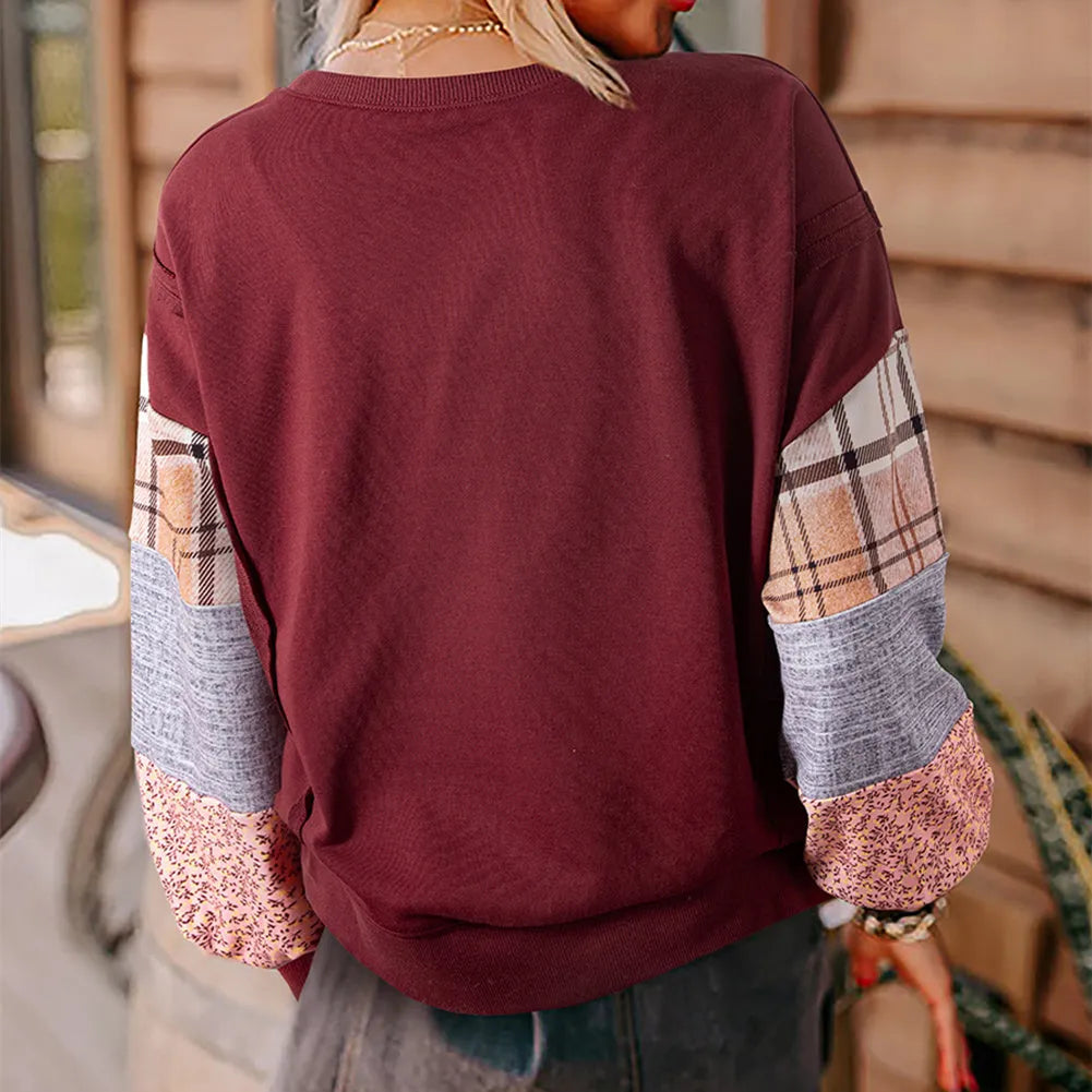 Women's plaid stitching long-sleeved top in loose Japanese Korean casual style, apricot colour option