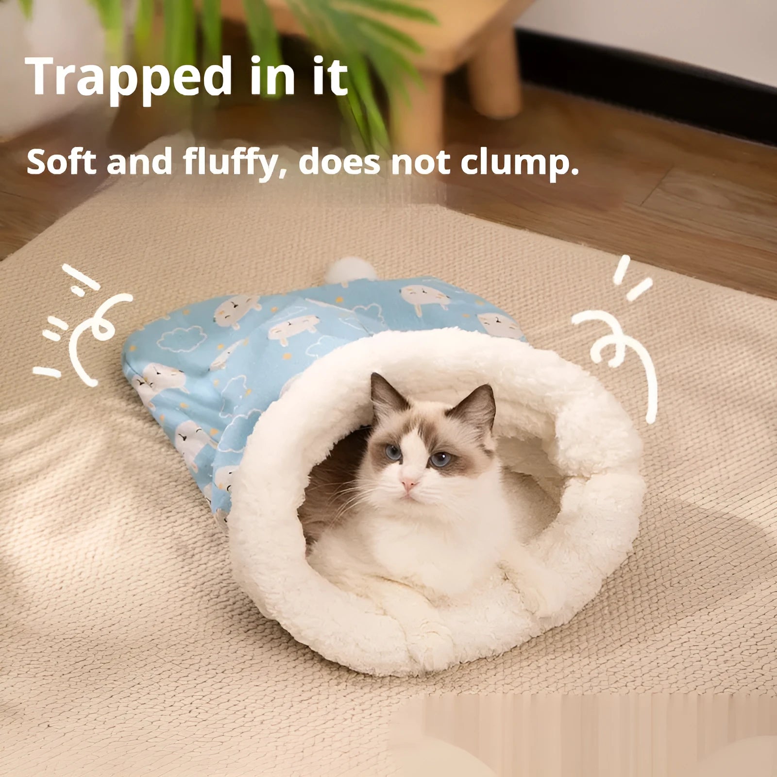 Flannel cat sleeping bag bed measuring 50 by 40 cm in a blue rabbit pattern