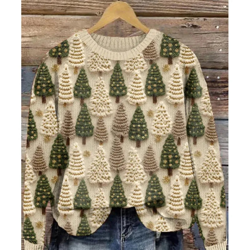 Women's floral digital printed round neck sweater in polyester fabric showing small flower pattern