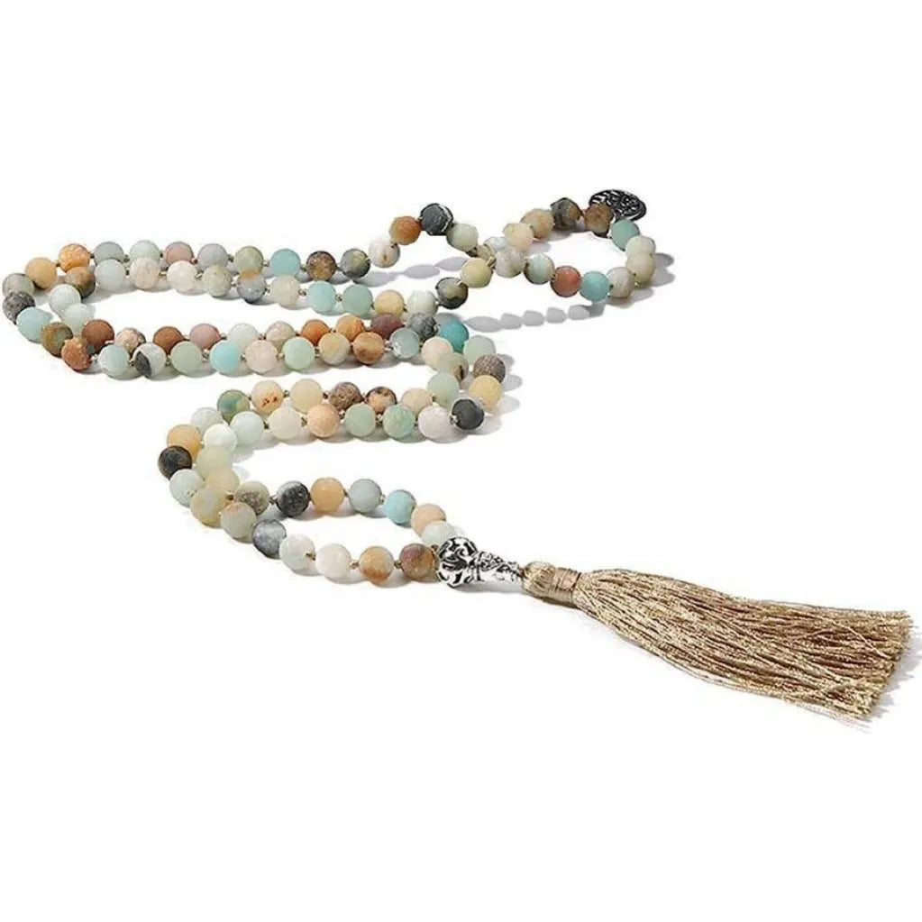 Handmade knotted beaded necklace with 8mm stone beads showing natural colour variations