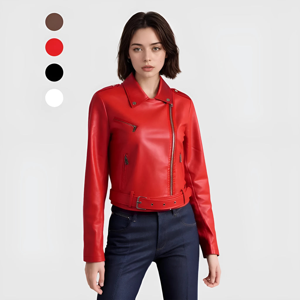 Women's red PU leather motorcycle jacket with a short lapel collar and an adjustable waist belt.