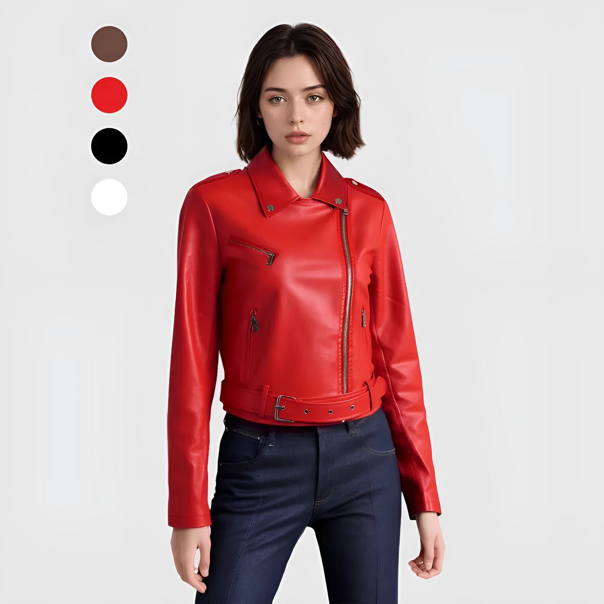 Women's red PU leather motorcycle jacket with a short lapel collar and an adjustable waist belt.
