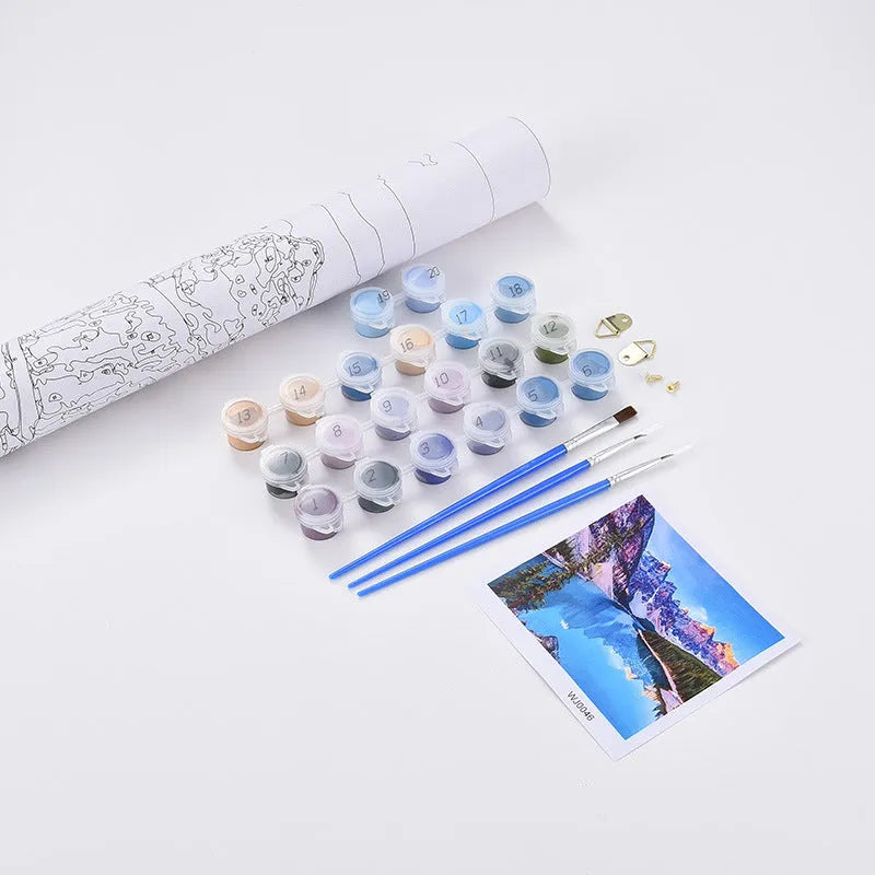 DIY digital oil painting kit with blue sea view villa pattern on 40x50cm linen canvas