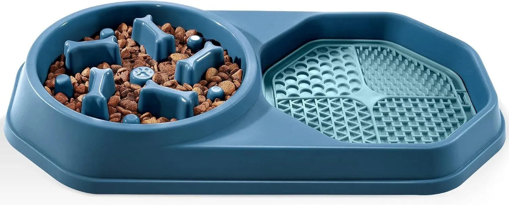 Blue slow feeder dog bowl with maze pattern for dry food and central cup for wet food like peanut butter.