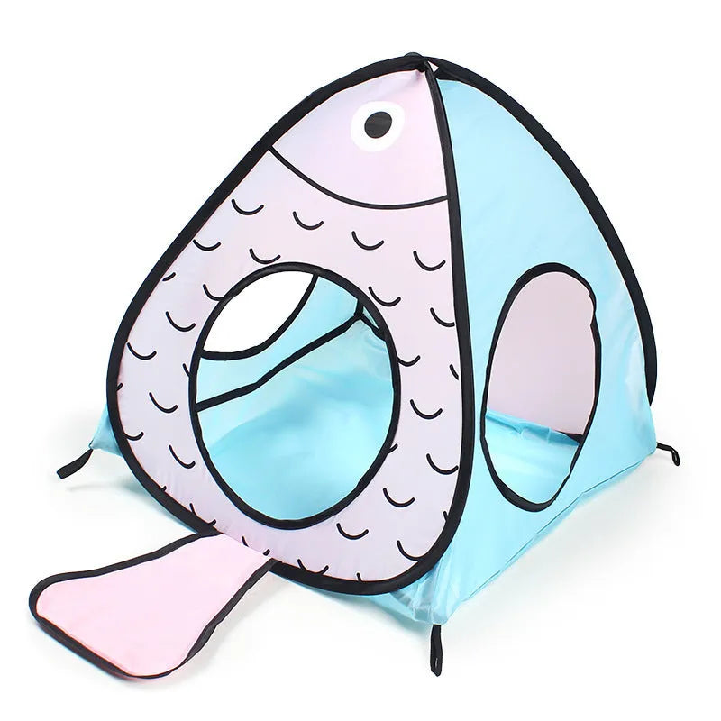 Foldable pet tent cat tunnel toy set with three-piece PP plastic construction and cat fish design
