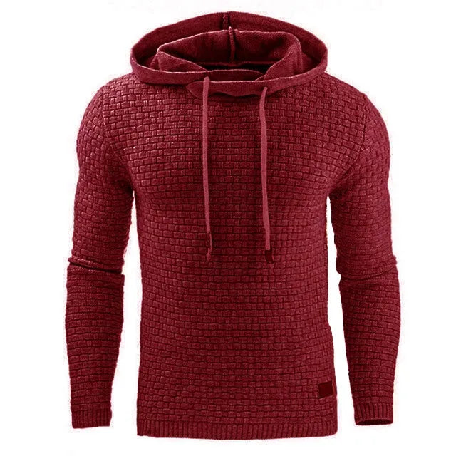 Men's black cotton-polyester hooded sweatshirt on a hanger, size label visible.