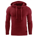 Men's black cotton-polyester hooded sweatshirt on a hanger, size label visible.