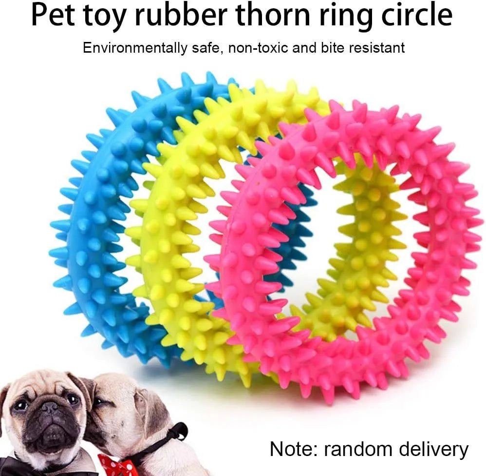 Blue TPR spiky circle ring dog chew toy for bite training and dental cleaning, 9.5cm diameter