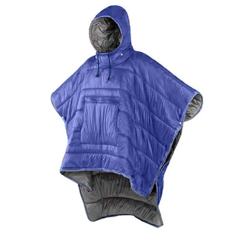 Grey outdoor cloak sleeping bag for adults showing wearable design and 200x140cm dimensions