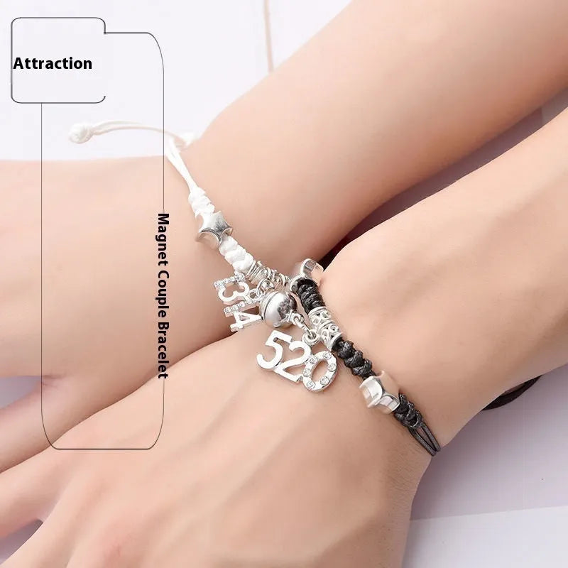 Magnetic couple bracelet pair showing crown design with electroplated alloy construction and magnetic fastening