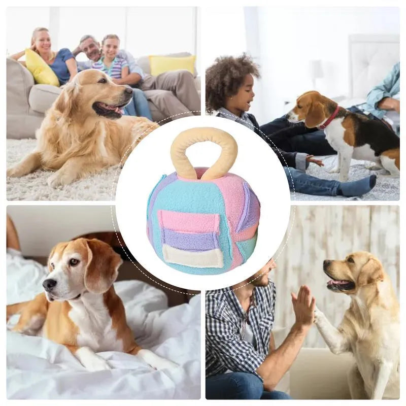 Green and pink polyester squeaky plush ball dog toy with treat pockets for small to medium dogs