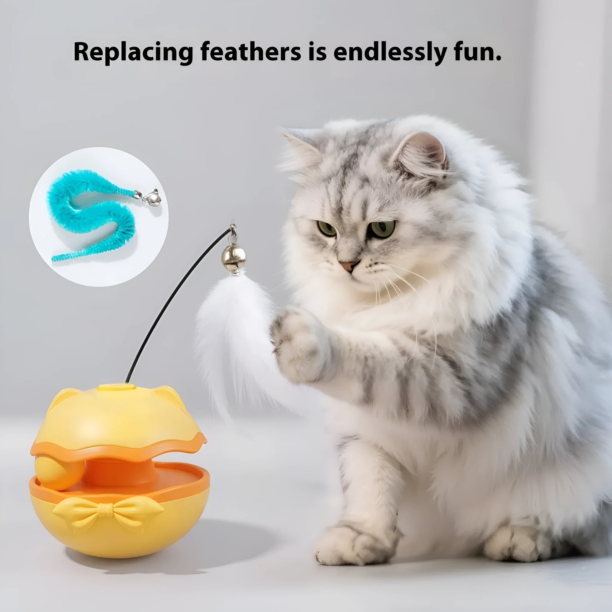 Electric cat toy tumbler teaser stick in lemon yellow, sky blue, or soft fog grey colour