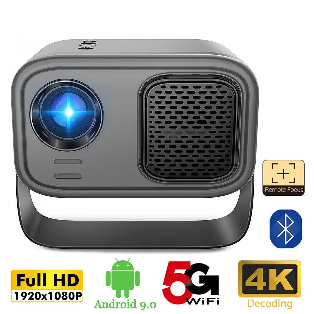 Black portable smart projector with remote control showing HD 1280x720 resolution and Android compatibility