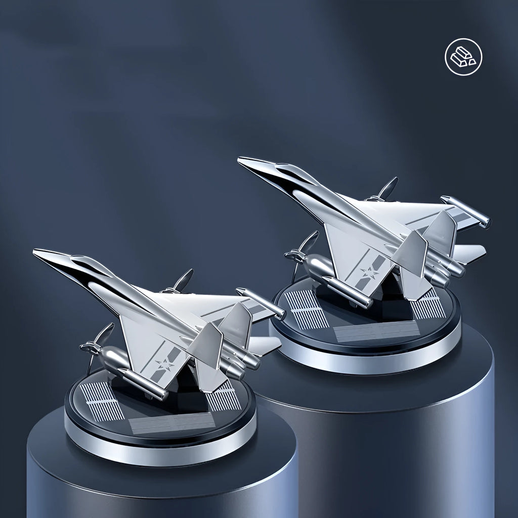 Solar-powered rotating fighter jet perfume ornament in silver, gold, blue, and red colour options
