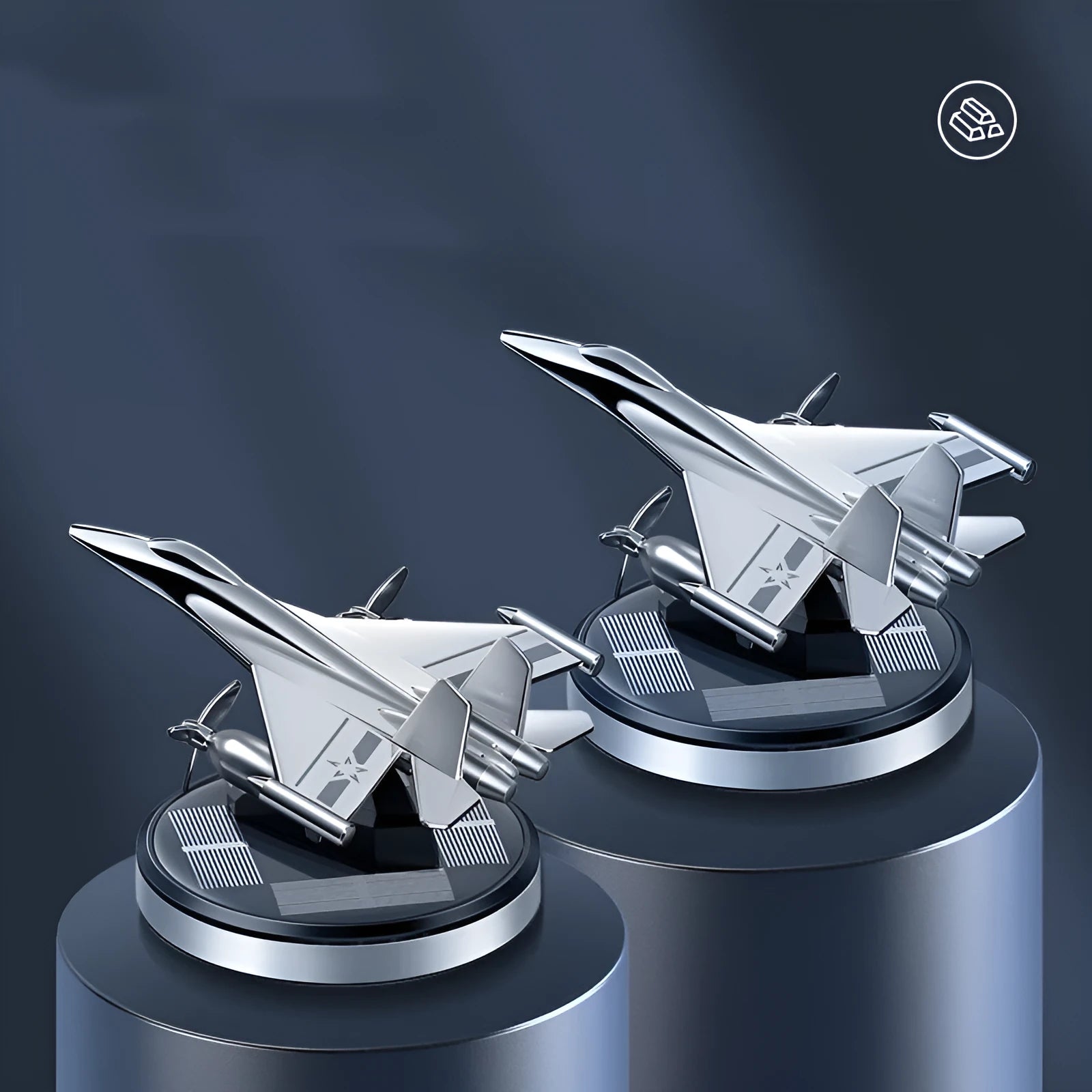 Solar-powered rotating fighter jet perfume ornament in silver, gold, blue, and red colour options