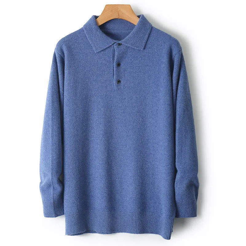 Men's polo collar woolen pullover sweater in noble blue with long sleeves and textured stitching