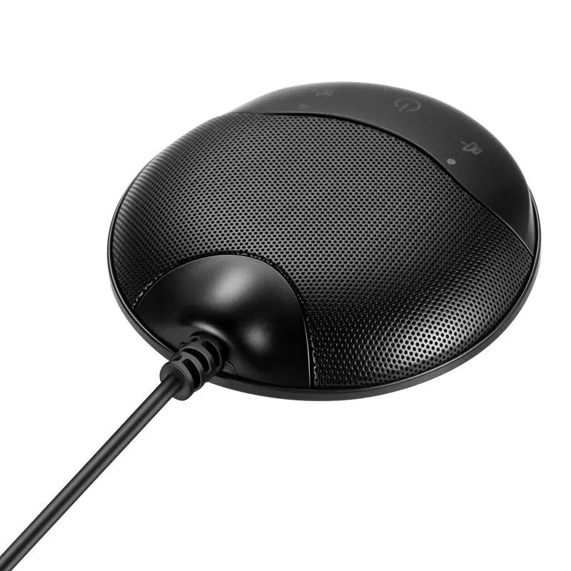 Black USB condenser microphone with compact square design for conference calls and gaming