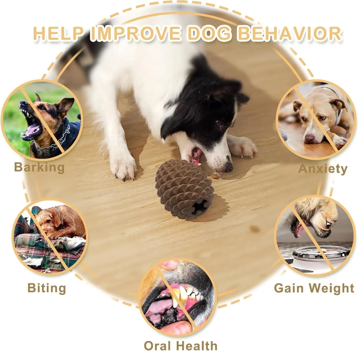 Yellow pine cone shaped rubber dog chew toy with treat dispenser hole