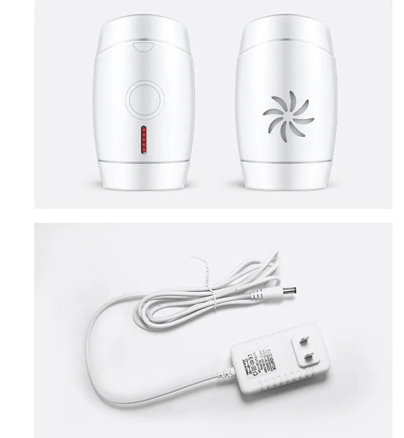 White home laser hair removal instrument with display, shown next to its UK plug and adapter.