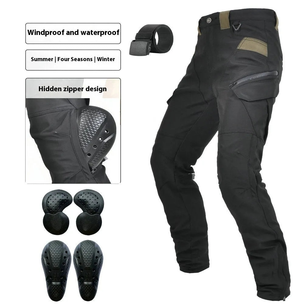 Man's black waterproof motorcycle cycling pants with adjustable belt laid flat.