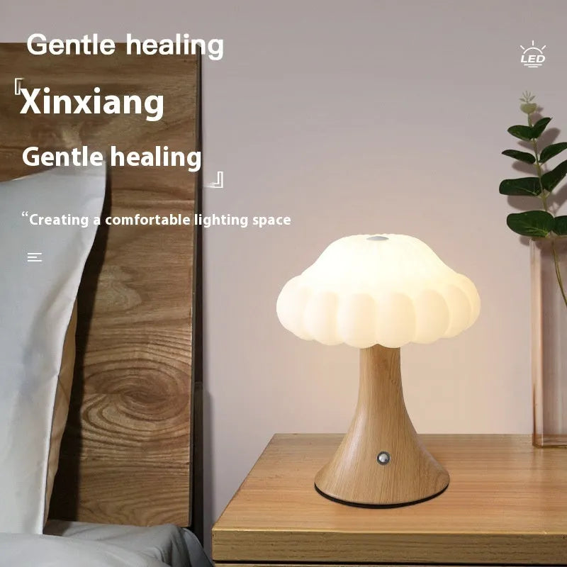 Mushroom-shaped touch control night lamp with USB charging port in wood grain colour