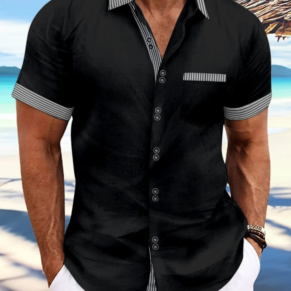 Striped double button short sleeve casual shirt in pure cotton with slim fit design
