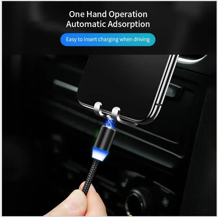 YBD magnetic LED charging cable with aluminium shell in black, showing three connector types and LED light