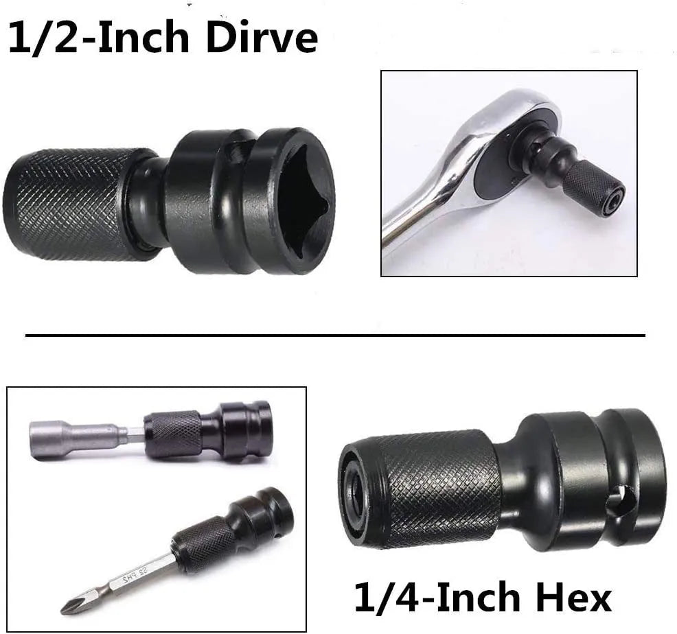 Steel telescopic bit holder adapter for converting square wrench drives to hexagonal handles