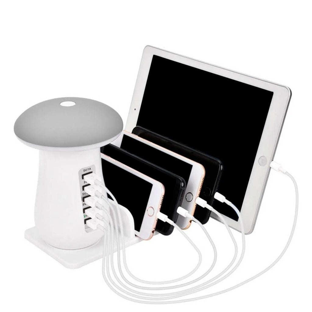 Besegad mushroom-shaped USB charging dock station with LED night light and 5 ports