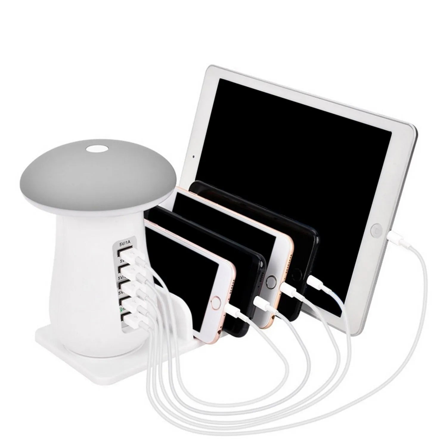 Besegad mushroom-shaped USB charging dock station with LED night light and 5 ports