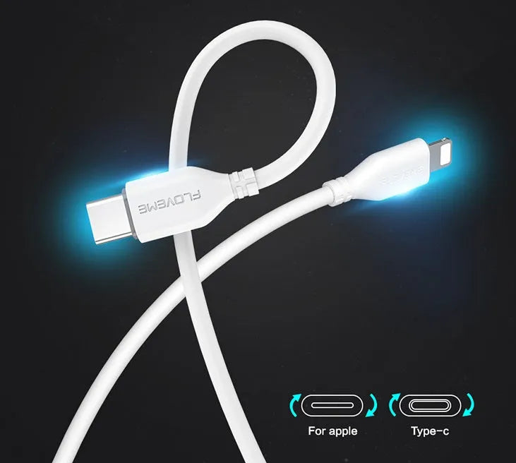 White MFi-certified USB-C to Lightning fast charging cable, 1 metre long.