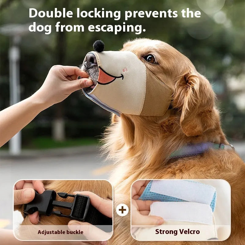 Canvas dog muzzle anti-bite cover shown in Ollie Brown Bear and Bondi Blue Shark colours with weight-based sizing