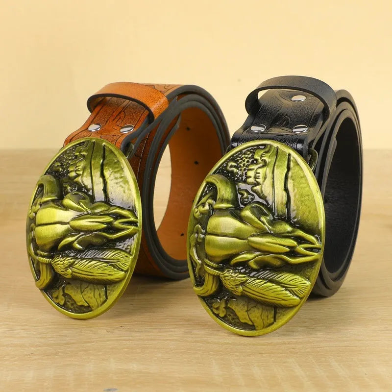 Men's leather belt with detailed cow head buckle in black or brown colour options