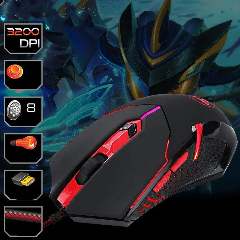 Black and red USB wired optical gaming mouse on a desk surface.