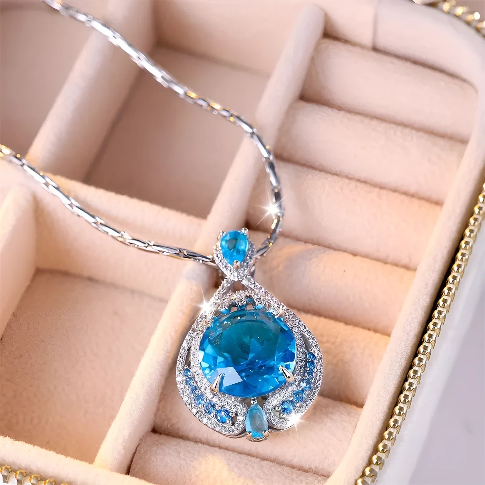 Women's geometric blue crystal pendant necklace with water wave chain