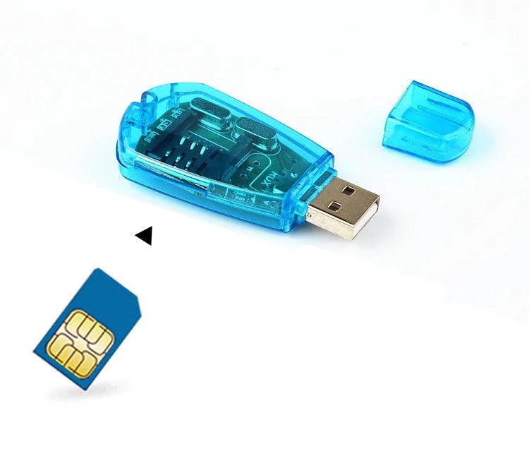Blue USB 2.0 SIM card reader for mobile phone data backup and editing.