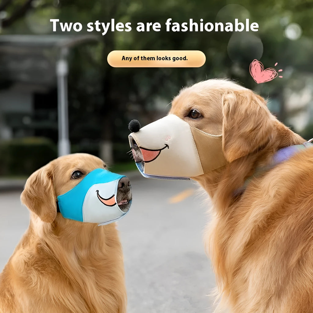 Canvas dog muzzle anti-bite cover shown in Ollie Brown Bear and Bondi Blue Shark colours with weight-based sizing