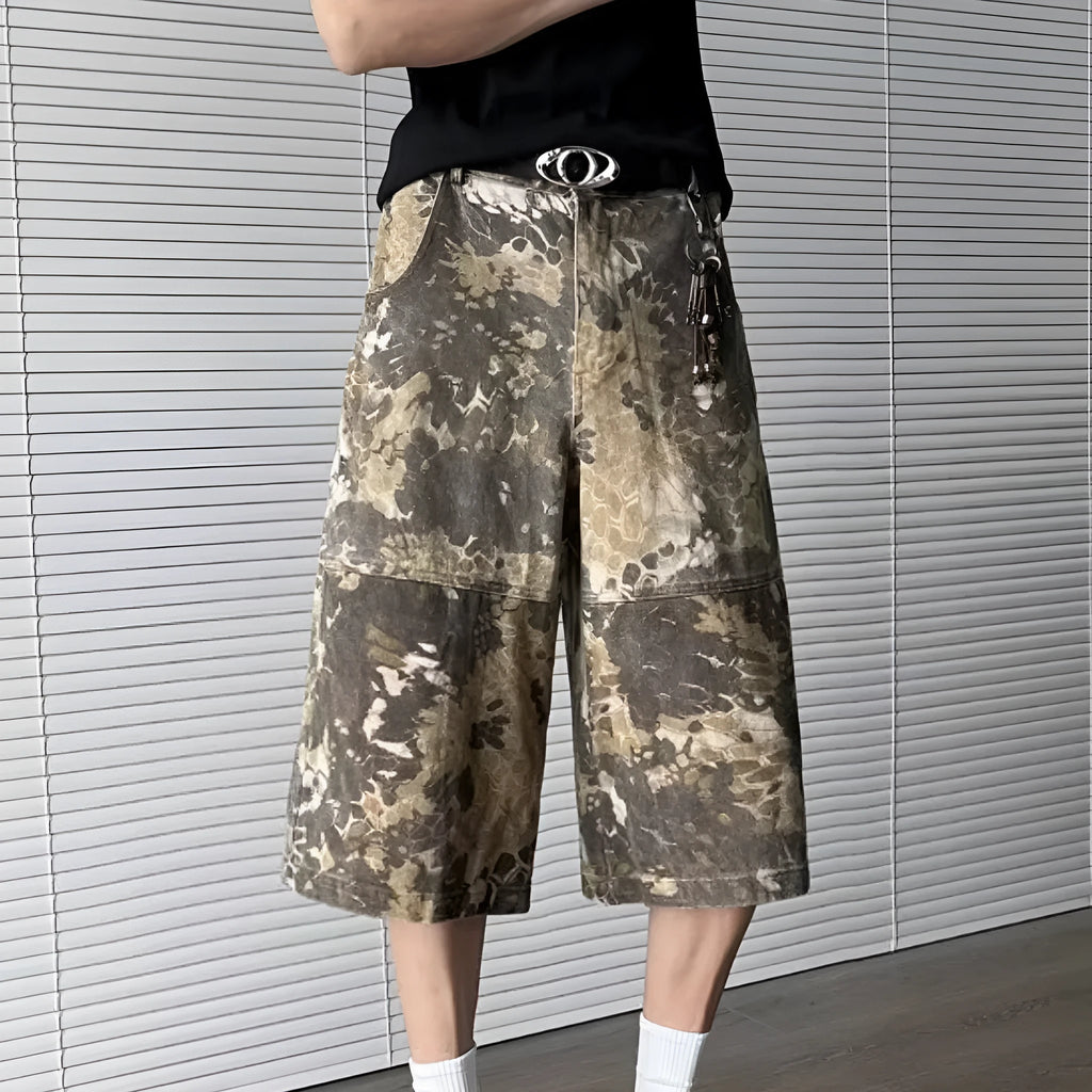 Yellow women's jeans with snake camouflage pattern, cropped length, cotton denim fabric