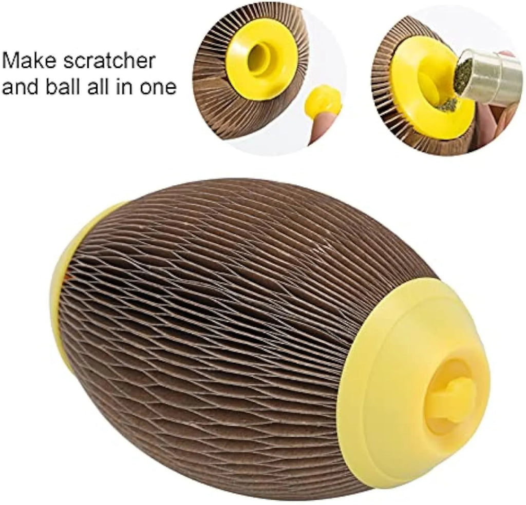 Ellipse-shaped corrugated paper catnip ball toy for cats on a neutral background