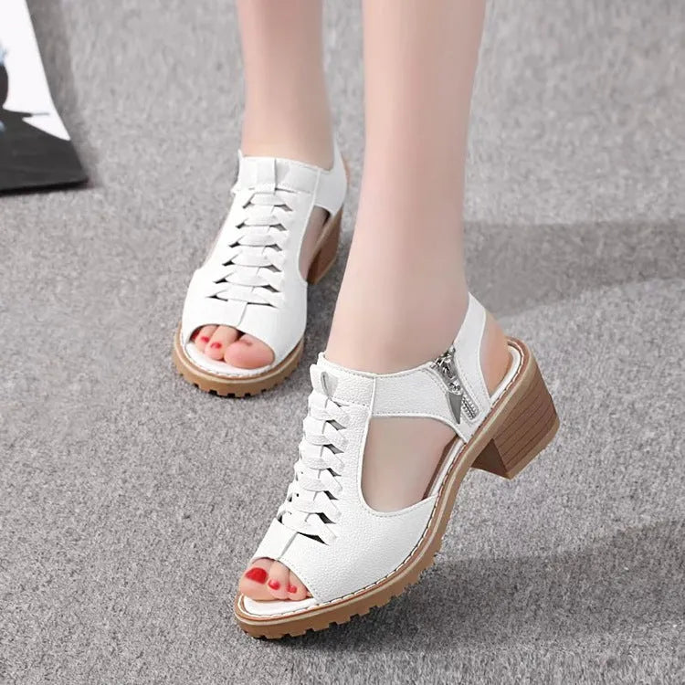 Retro-style women's sandals with a side zipper and a middle heel, in black, creamy white, or white.