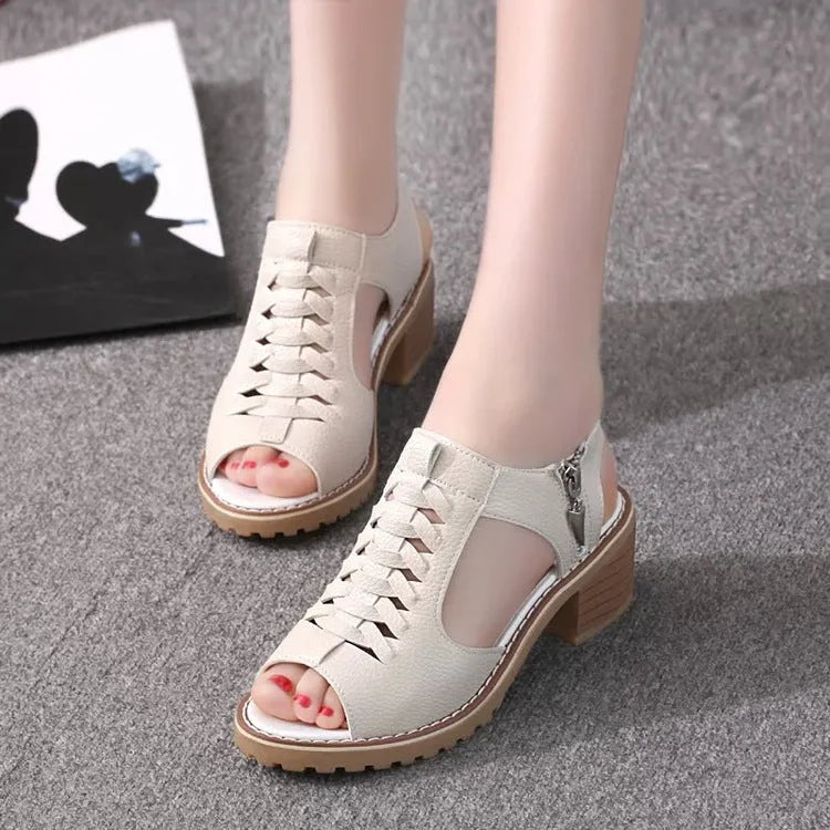 Retro-style women's sandals with a side zipper and a middle heel, in black, creamy white, or white.