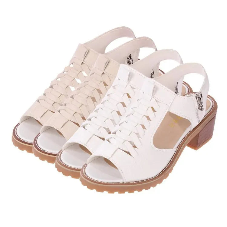 Retro-style women's sandals with a side zipper and a middle heel, in black, creamy white, or white.