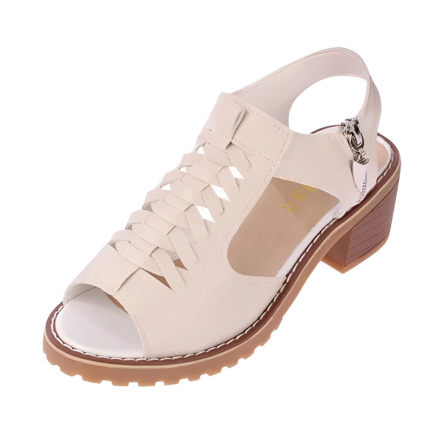 Retro-style women's sandals with a side zipper and a middle heel, in black, creamy white, or white.