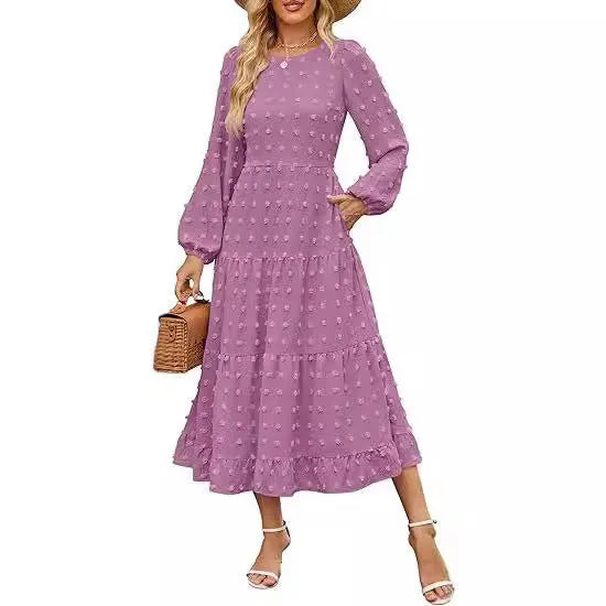 Beige casual long sleeve dress with ruffled sleeves and a high waist on a hanger