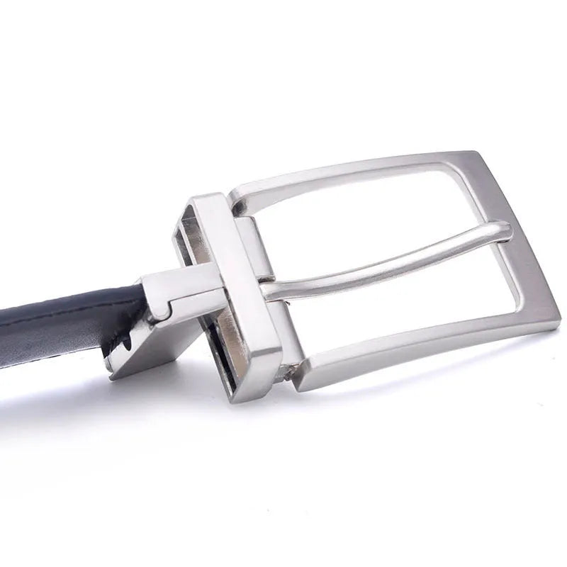 Men's brown and black genuine leather belt with rotating alloy pin buckle shown at 120cm length