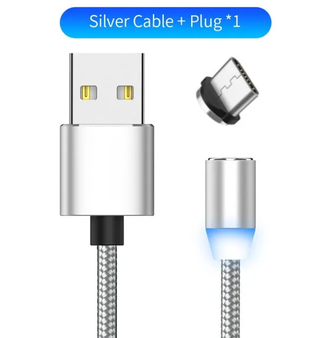 YBD magnetic LED charging cable with aluminium shell in black, showing three connector types and LED light