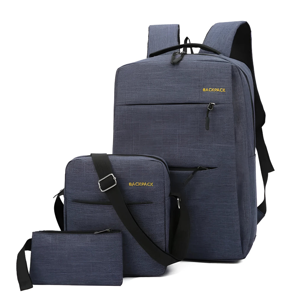 Set of three men's nylon computer bags with USB charging ports in black, grey, navy, and wine red colours.